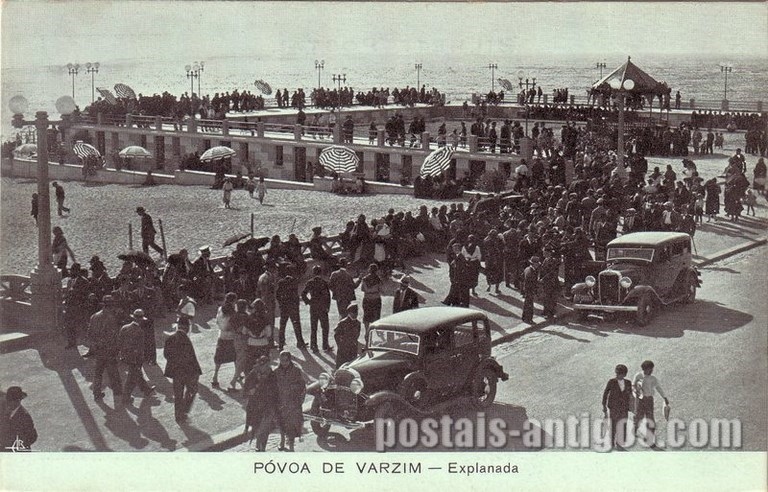 Bilhete postal ilustrado da esplanada em Póvoa de Varzim | Portugal em postais antigos