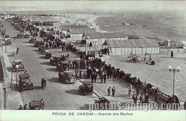 Bilhete postal ilustrado da Avenida dos Banhos em  Póvoa de Varzim | Portugal em postais antigos