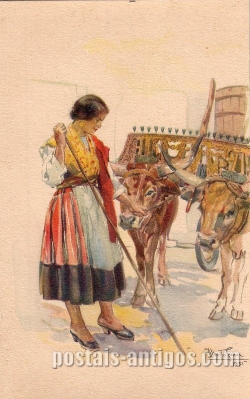Bilhete postal ilustrado por Alberto Souza: Costume de Barcelos | Portugal em postais-antigos.com