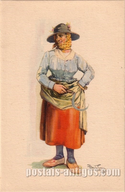 Bilhete postal ilustrado por Alberto Souza: Costume do Alentejo | Portugal em postais-antigos.com