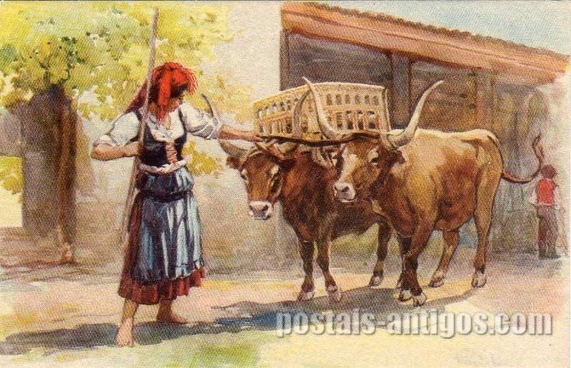 Bilhete postal por Alberto Souza: Mulher com junta de bois - Minho | Portugal em postais-antigos.com