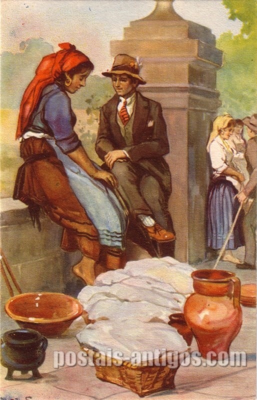 Bilhete postal ilustrado por Alberto Souza: Namorando no Minho | Portugal em postais-antigos.com