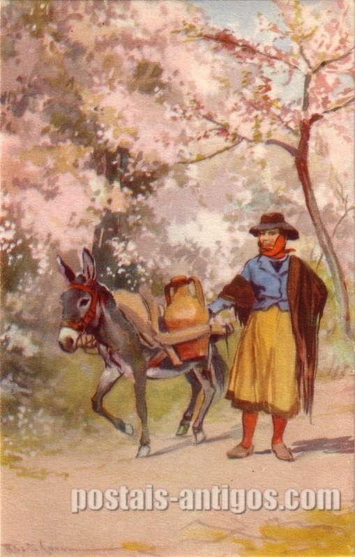 Bilhete postal ilustrado por Alberto Souza: Amendoeiras em flôr, Algarve | Portugal em postais-antigos.com