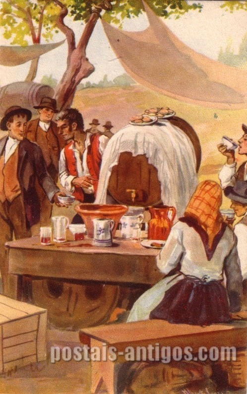 Bilhete postal ilustrado por Alberto Souza: Na Romaria, Minho | Portugal em postais-antigos.com