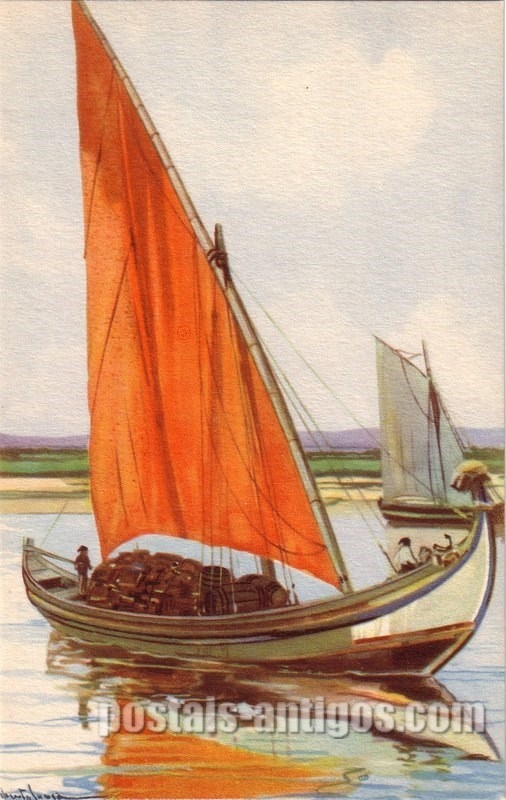 Bilhete postal ilustrado por Alberto Souza: Transportando cortiça e vinho, Ribatejo | Portugal em postais-antigos.com