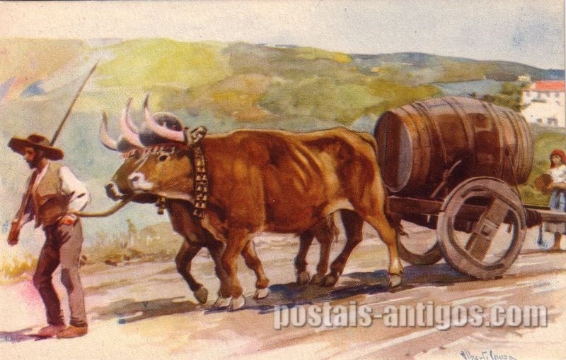 Bilhete postal ilustrado de Souza: Carro de bois transportando vinho, Douro | Portugal em postais-antigos.com