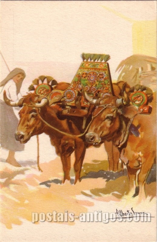 Bilhete postal ilustrado por Alberto Souza: Carro de bois, Douro Litoral | Portugal em postais-antigos.com
