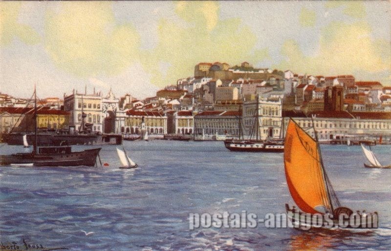 Bilhete postal ilustrado por Alberto Souza: Vista parcial de Lisboa | Portugal em postais-antigos.com