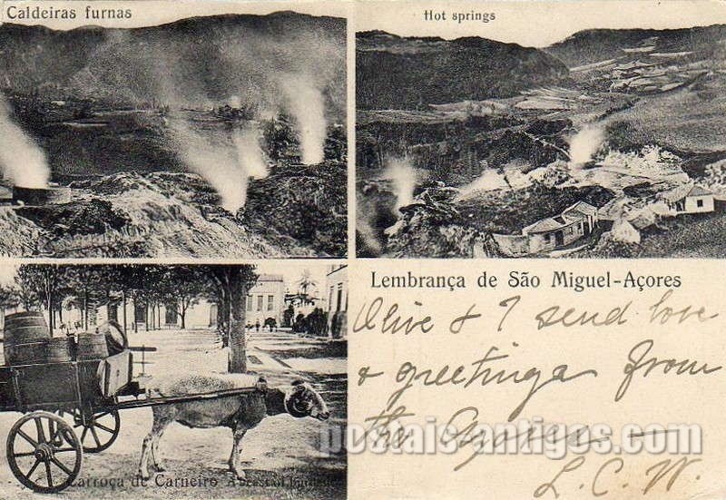 Bilhete postal ilustrado dos Açores, Lembranças de São Miguel, Caldeiras furnas e carroça de carneiro | Portugal em postais antigos 