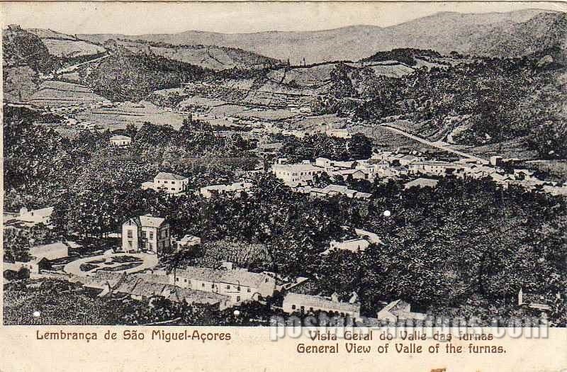 Bilhete postal ilustrado de Lembrança de São Miguel, Vista geral do Vale das furnas, Açores | Portugal em postais antigos 