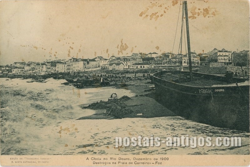 Bilhete postal ilustrado de Foz do Douro, a cheia no rio Douro em dezembro de 1909 | Portugal em postais antigos