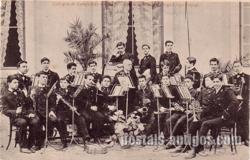 Bilhete postal ilustrado antigo do Colégio de Campolide, Grupo da Banda Colegial | Portugal em postais antigos