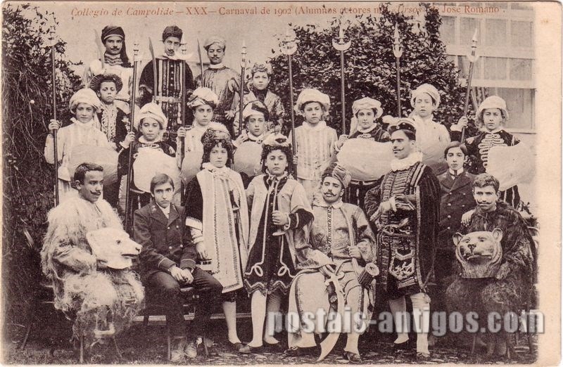 Bilhete postal ilustrado antigo do Colégio de Campolide, Carnaval de 1902 | Portugal em postais antigos