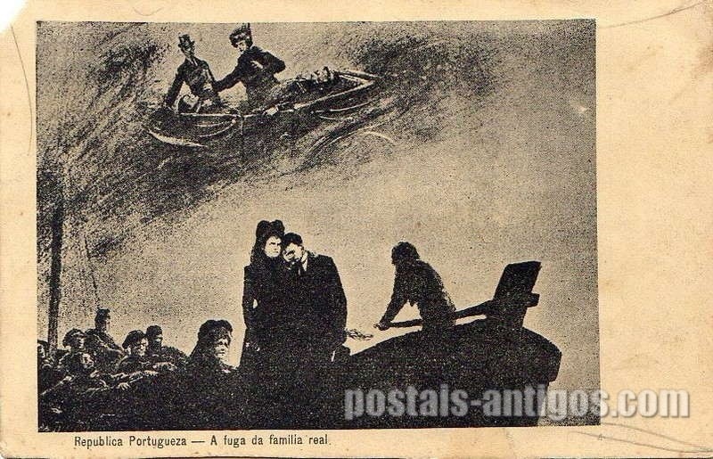 Bilhete postal da República Portuguesa - A Fuga da ​Família Real | Portugal em postais antigos