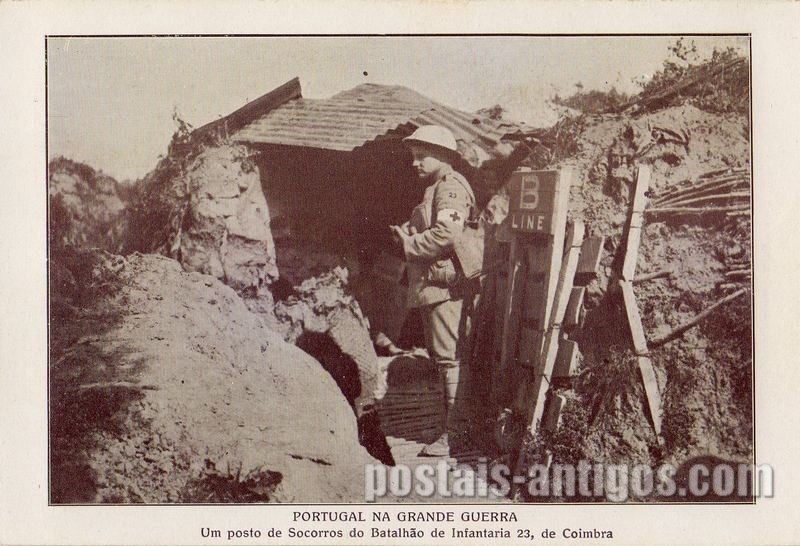 Bilhete postal ilustrado:  Um posto de socorros do Batalhão de Infantaria 23, de Coimbra.(Grande Guerra) | Portugal em postais antigos