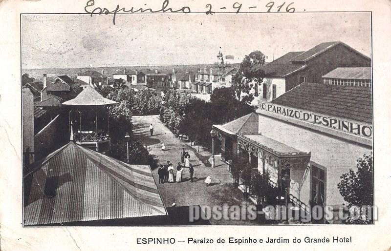 Bilhete postal ilustrado do Paraíso de Espinho e Jardim do Grande Hotel | Portugal em postais antigos 