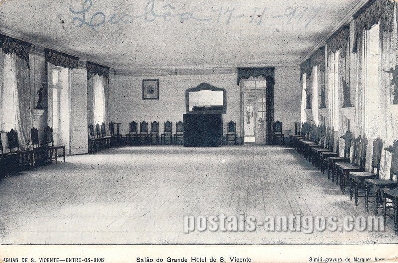 Bilhete postal ilustrado das Aguas de São Vicente - Entre-os-Rios - Salão do Grande Hotel de S. Vicente | Portugal em postais antigos 