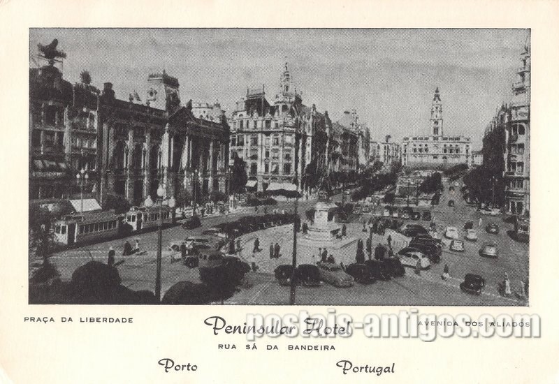 Bilhete postal ilustrado da Praça da Liberdade - Avenida dos Aliados -Peninsular Hotel - Porto | Portugal em postais antigos 