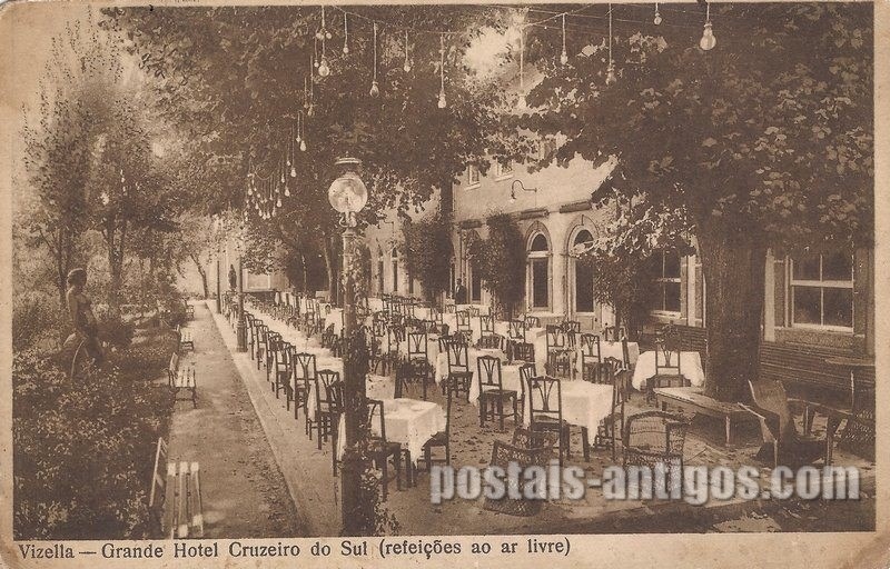 Bilhete postal ilustrado do Grande Hotel Cruzeiro do Sul (refeições ao ar livre), Vizela | Portugal em postais antigos 