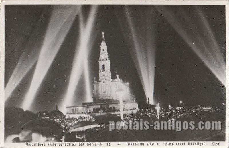 ilhete postal ilustrado da Maravilhosa vista de Fátima sob jorros da luz | Portugal em postais antigos 