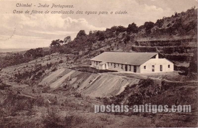 Bilhete postal da Casa das águas, Chimbel, India Portuguesa | Portugal em postais antigos