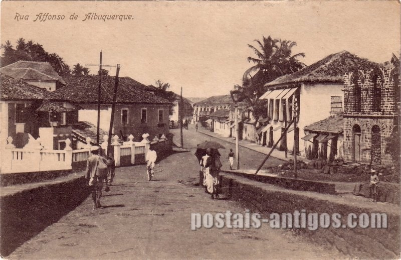 Bilhete postal da Rua Afonso de Albuquerque, Nova Goa, India Portuguesa | Portugal em postais antigos