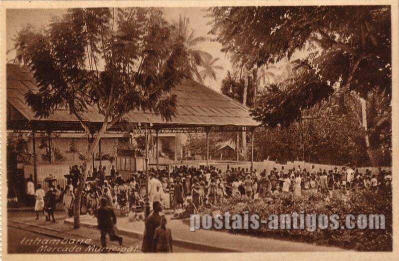 Bilhete postal ilustrado antigo do Mercado Municipal, Inhambane,  Moçambique | Portugal em postais antigos