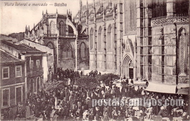 Bilhete postal de Batalha, mercado e vista lateral | Portugal em postais antigos
