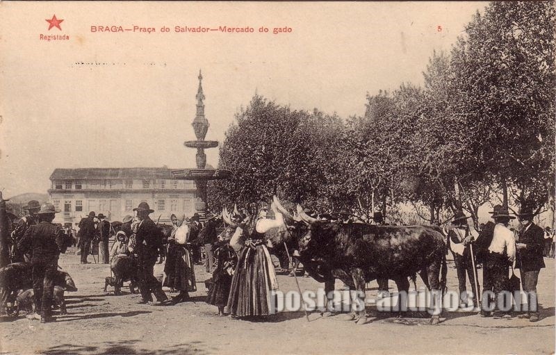 Bilhete postal de Braga, Mercado do gado, Praça do Salvador | Portugal em postais antigos