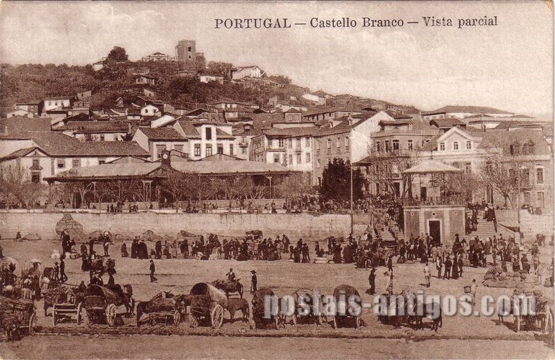 Bilhete postal de Castelo Branco, feira e vista parcial  | Portugal em postais antigos