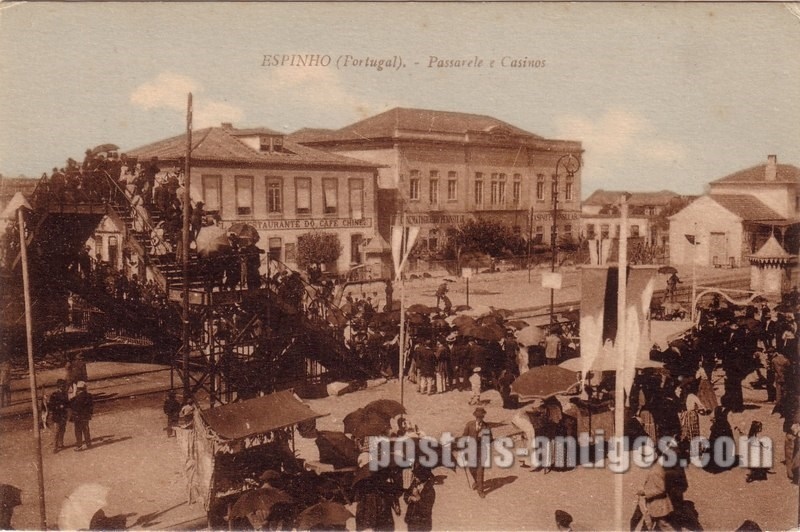 Bilhete postal de Espinho, mercado em frente da passarela e Casinos | Portugal em postais antigos