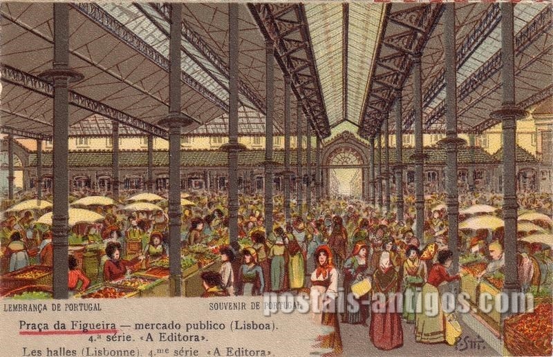 Bilhete postal de Lisboa, Interior do mercado, Praça da Ribeira | Portugal em postais antigos