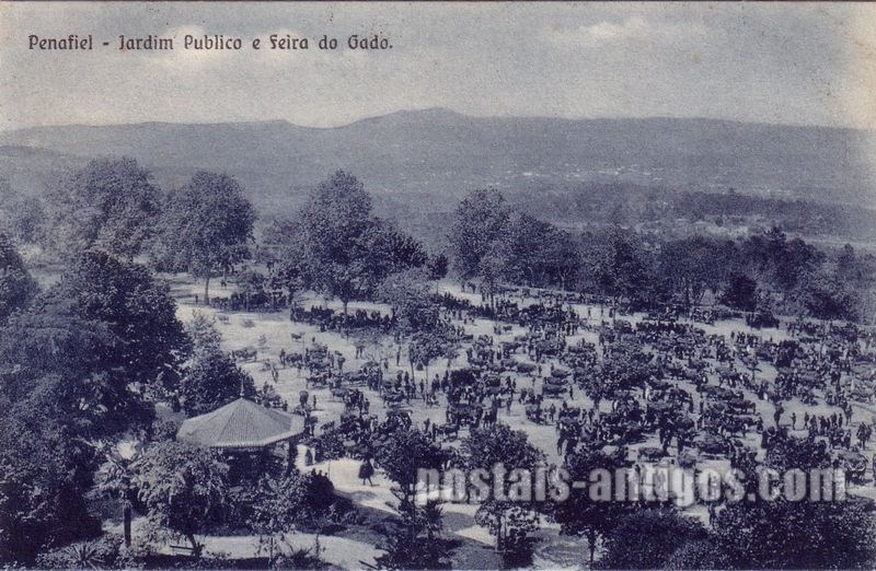 Bilhete postal de Penafiel, jardim público e feira do gado | Portugal em postais antigos