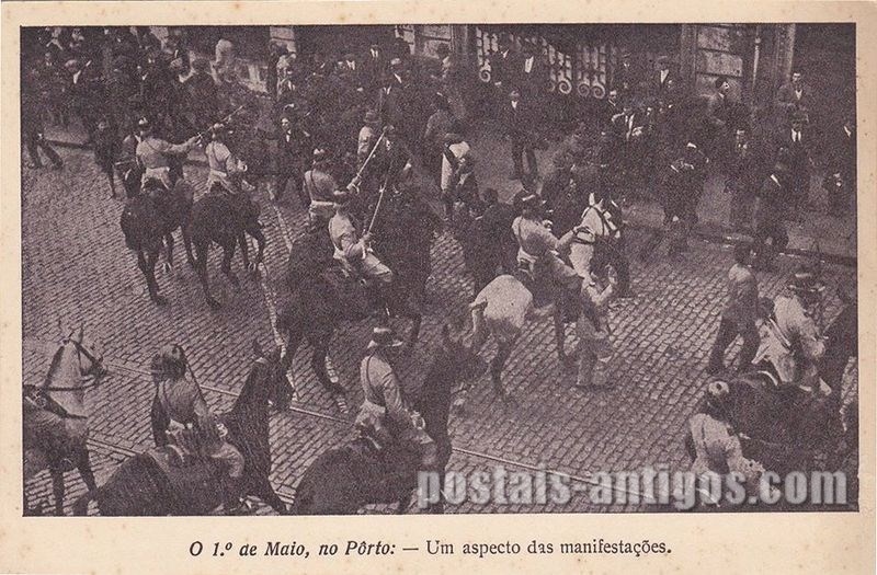 Bilhete postal ilustrado do 1° de Maio no Porto: um aspecto das manifestações  | Portugal em postais antigos 