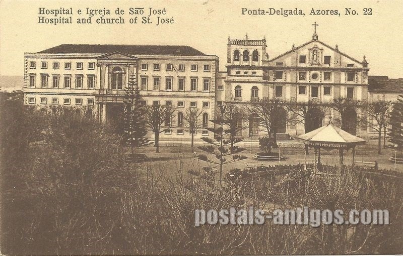 Bilhete postal do Hospital e Igreja de São José, Ponta Delgada, Açores | Portugal em postais antigos