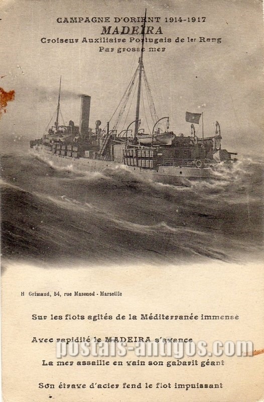 Bilhete postal do Cruzador Madeira, Campanha do Oriente 1914-1917, marinha Portuguesa | Portugal em postais antigos 