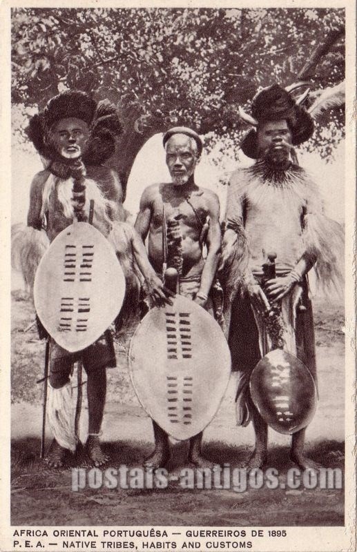 Guerreiros de 1895, Moçambique - África Oriental Portuguesa Bilhete postal ilustrado de Moçambique, Guerreiros de 1895 | Portugal em postais antigos