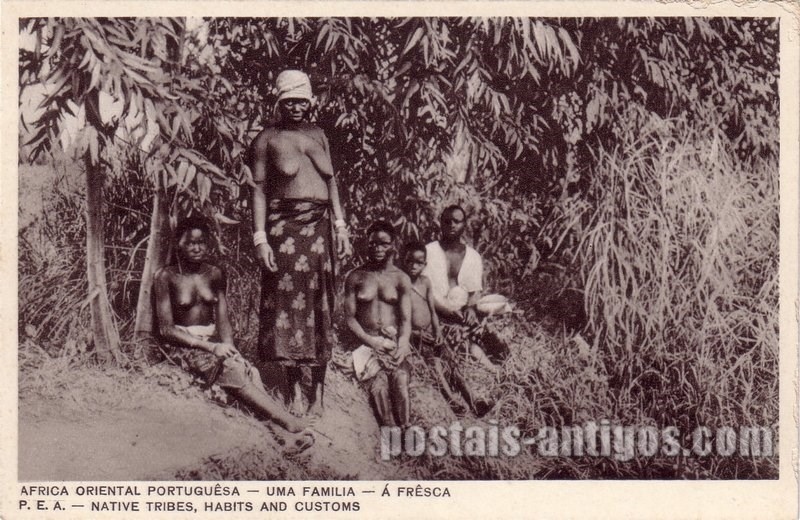 Bilhete postal ilustrado de Moçambique, uma família, a fresca | Portugal em postais antigos 
