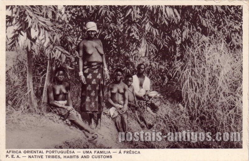 Uma família a fresca, Moçambique - África Oriental Portuguesa Bilhete postal ilustrado de Moçambique, uma família, a fresca | Portugal em postais antigos