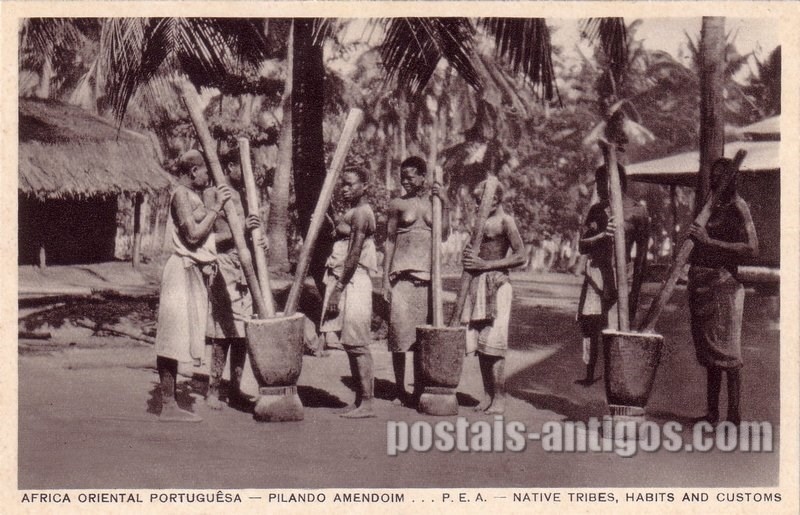 Bilhete postal ilustrado de Moçambique, Pilando Amendoim | Portugal em postais antigos 