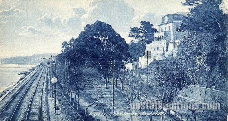 Bilhete postal ilustrado de Algés, Linha férrea e esplanada, Oeiras, Lisboa | Portugal em postais antigos 