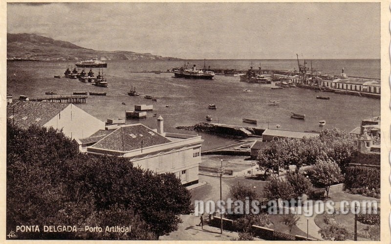 Bilhete postal de Porto artificial, Ponta Delgada, São Miguel, Açores | Portugal em postais antigos