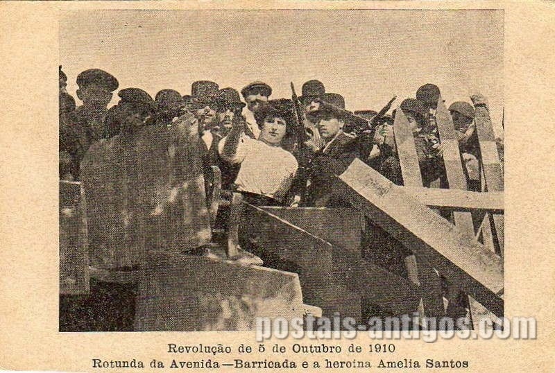 Revolução de 5 de Outubro de 1910 - Rotunda da Avenida - Barricada e a heroina Amelia Santos - Lisboa - Portugal.