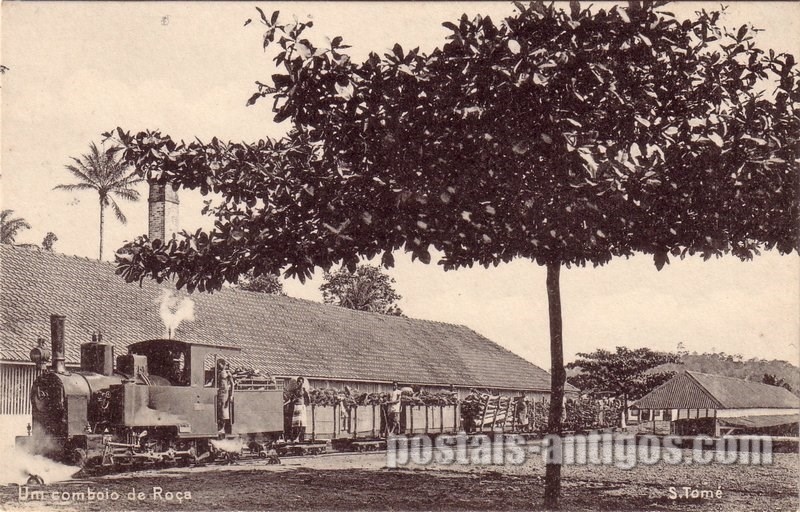 Bilhete postal ilustrado de São Tomé e Principe, um comboio de roça | Portugal em postais antigos