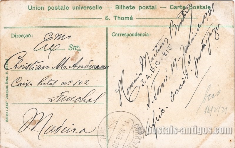 Verso do bilhete postal : São Tomé. Sua Alteza Real saindo da igreja depois do Te Deum