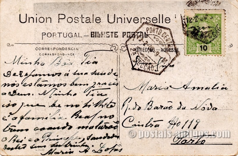 Verso do bilhete postal do assassinato do Rei Dom Carlos I e do Principe Luís Filipe em 1908.
