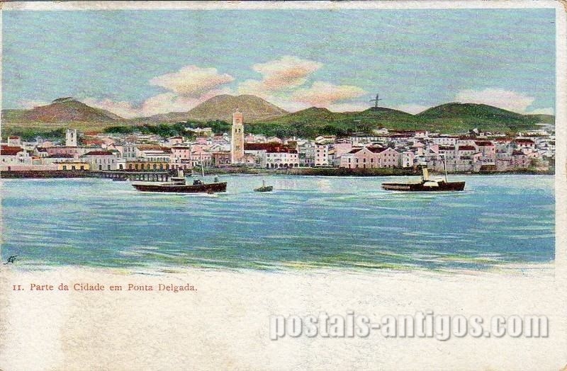 Bilhete postal ilustrado dos Açores, Parte da Cidade em Ponta Delgada | Portugal em postais antigos 