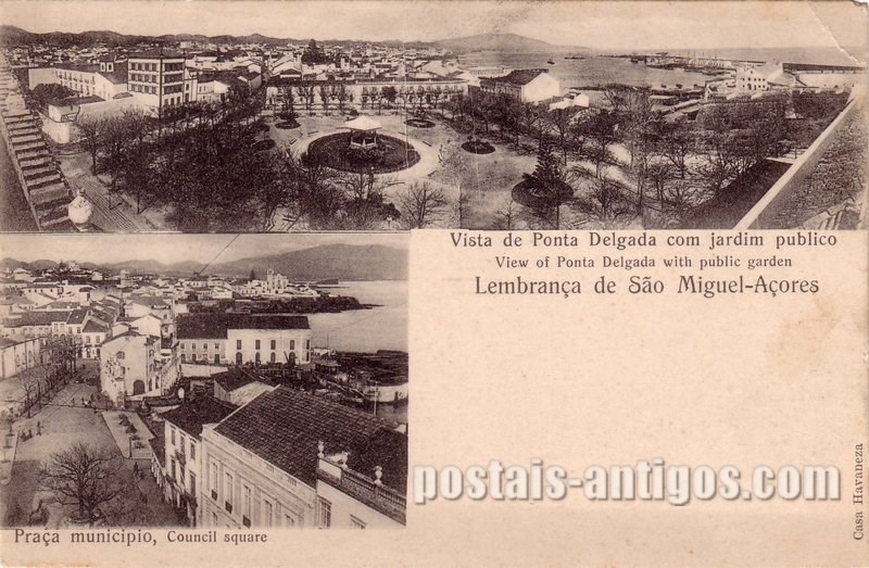 Bilhete postal da Vista de Ponta Delgada com jardim público, Açores  | Portugal em postais antigos