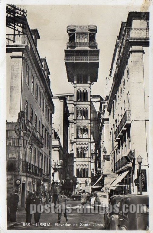 Bilhete postal ilustrado de Lisboa: Elevador Santa Justa | Portugal em postais antigos