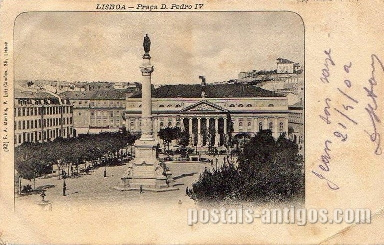 Bilhete postal antigo de Lisboa: Praça Dom Pedro IV (Rossio) | Portugal em postais antigos